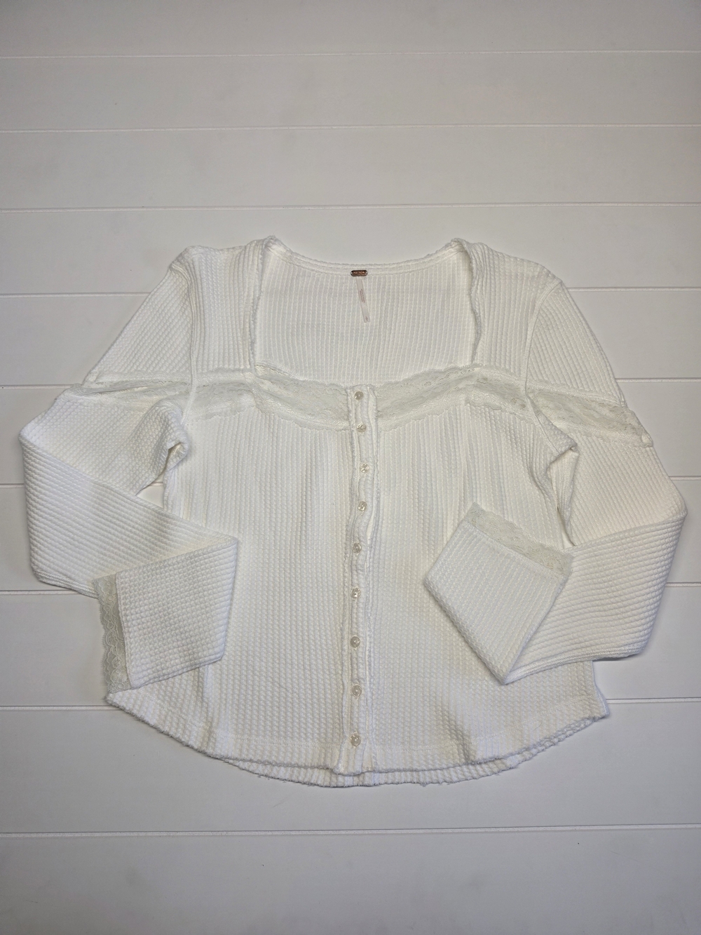 Free People Lets Pardy Cardi White Lace-Trim Thermal Button Womens Large - Picture 3 of 8